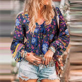 Bohemian Printed Tops Women's Spring Blouses ZANZEA 2022 Casual Tassel Puff Sleeve Shirts Femlae V Neck Lace-Up