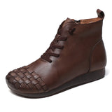Breakj Time 138] National Wind Leather Hand-Woven Flat Bottom Short Boots Cow Skin Boots Soft Bottom Women's Cotton