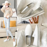 silver sneakers shoes woman genuine leather platform crystal beading moccasins anti-slip small white leather shoes
