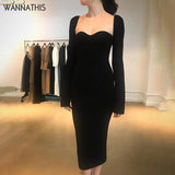 Slash Neck Knitted Midi Dress For Women Sexy Black Elegant Party Wear Long Sleeve Bodycon Fashion Dresses Autumn