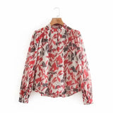 Flower Printing Chiffon Smock Puff Sleeve Shirts Female Stand Collar Blouses Casual Lady Loose Tops Blusas