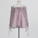 Temperament Sexy Breeze Net Yarn Shirt 2025 Summer New Lotus Leaf Side Spliced Shoulder Sexy Long-Sleeved