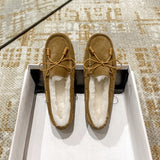 Winter Shearling Wool Shoes Woman Lambs Fur Flats Genuine Leather Mocasines Mujer Bowtie Loafers Warm Plush Boots