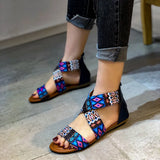 2022new women's flat sandals summer zipperopen toe women's shoes plus size beach leathersandals retro print ethnic style