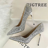 Breakj Women's Shoes High Heel Shallow Pointed Shining Sequins Sexy Thin Nightclub High