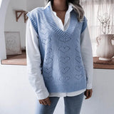 2021 New Fashion Women V Neck Print Knitted Vest Sweater Casual Sleeveless Loose Pullover Elegant Warm Lady Sweater