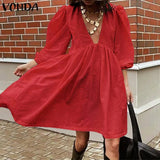 Deep V Neck Dress Women Summer Sundress 2022 VONDA Vintage Lantern Sleeve Zipper Party Dress Casual
