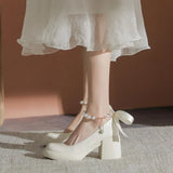 Breakj Heels Women 2024 New Pearl French Thick With Non-Slip White Mary Jane Gentle Wind Shallow Single Shoes