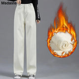 Jeans Women Warm Denim Trousers High Waist Casual Loose Female Denim Pants Thick Velvet Cotton Wide Leg Woman
