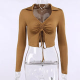 Women Turn Down Collar Drawstring Crop Tops Brown Autumn Sexy Casual Ruched Fashion Vintage Female Skinny T-shirt