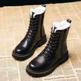 Boots Women Winter Shoes Black Leather Boots Warm Fur Ankle Booties Goth Platform Shoes Flat Botas Fashion