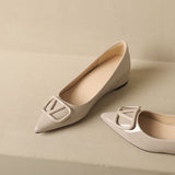 Breakj 5Cm Invisible Inside The High-Skin Temperament Pointed Side Button Single Shoe French Nude Color Single