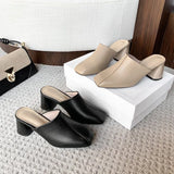 Breakj Half Slippers Women Wear 2025 Autumn New Retro Soft Leather Thick Heel Drag Height