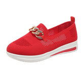 2023 New Large Size Women's Shoes Flying Woven Breathable Hollow Vamp Metal Chain Wedge Casual Single Shoes