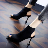Elastic Mesh Peep Toe High Heel sandals women New Summer shoes woman Europe Thin Heels Slip-On Open Toe female