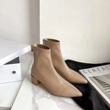 Net Red Slim Boots Women's Thick Heel Solid Pointed Head Autumn and Winter Zipper Versatile Leather Nude Boots