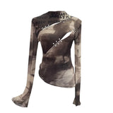 Pure Want To Play The Bottom Of The Long-Sleeved T-Shirt Design Hollow Print Irregular Mesh Yarn Personality Hottie Top