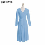 Elegant V-neck Thick Warm Women Knitted Pleated Dress Long Sleeve Belted Sashes Ladies Sweater Dress 2020 Autumn