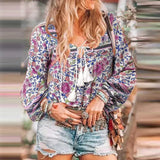 Bohemian Printed Tops Women's Spring Blouses ZANZEA 2022 Casual Tassel Puff Sleeve Shirts Femlae V Neck Lace-Up