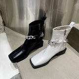 Women's Martin Boots Fall Casual Thick Bottom Spuare Toe Women Short Boots Black Chain Short Tube Knight Boots Single