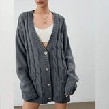 Women Striped Jacquard Cardigans Sweater Autumn 2021 Oversize Loose Streetwear Korean Fashion Button Pockets
