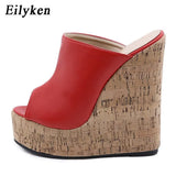 Peep Toe Platform Wedge Slippers Black Summer Shoes Woman Sexy Super High Sandal Slippers Black 35-42