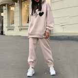 Tracksuit Set Hoodie Oversize Heart Print Woman Casual Two Piece Sets Pants And Sweatshirt 2021 Winter Autumn