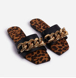 Slippers 2021 Summer Chain Style Square Head Slides Flat Heel Mule Shoes Woman Female Plus Size Outdoor Beach