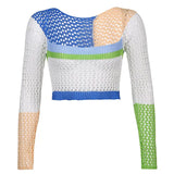 Holes Sexy Knitted Cropped T Shirt Women Autumn 2000s Aesthetic Patchwork T-shirt Women Hollow Out Fashion