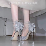 Bow High Heels Summer New Thin-Heeled Single Shoes Crystal Bridesmaids Wedding Shoes Hollow