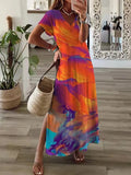 2022 New Casual Holiday Dress Summer Fashion Printed Short Sleeve Loose Dress Women Chic V-neck Split Long Skirt Dress