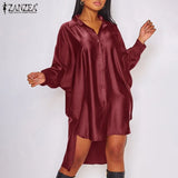 ZANZEA 2022 Stylish Satin Shirt Dress Women's Irregular Sundress Casual Long Sleeve Lapel Mini Vestidos