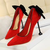 Breakj Korean Version Of Sweet High Heels Women's Shoes With High Heel Suede Shallow Pointed Head Of Color Bow Single