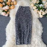 Women Sequins Pencil Skirts Korean Elegant Mid Length Bodycon Jupe Spring Sexy Femme Trend High Waist Slim Shinny