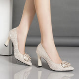 Breakj 2025 New Temperament Fashion Tip High Heels Women's Fashion Folds Side Shallow Mouth Coarse Heel Single