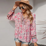 Bohemian Floral Print Blouse Women Bow Tie V Neck Retro Shirt Female Loose Casual Long Sleeve Tunic Tops 2021