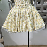 Gentle Photo Photo Small Beautiful Bow Garden Print V Collar Bubble Short Sleeves To Pick Up The Waist Fluffy Dress