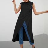 Celmia Asymmetrical Long Shirts Women 2022 Summer Sleeveless Sexy Buttons Tops Casual Loose Split Hem Chic Thin
