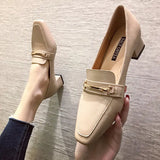 The Spring Of 2024, The New Korean Version Of Square-Headed Metal Thick Heels With One Foot Set And Single Shoes, Women's Beans Casual