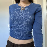Y2K Grunge Fairycore Crop Tshirts Graphic Print Long Sleeves Slim Top Tee Crewneck Fashion Harajuku Cloth