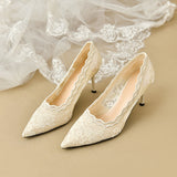 Breakj Heel Wedding Shoes Women's Shoes White Lace High Heels 2025 Fashion Temperament Pointed Single Shoes Gentle Mary Jane