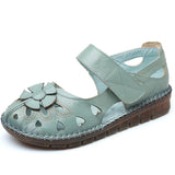 Genuine Leather Sandals Women Summer Shoes Flowers Flat Heel Comfortable Hollow Cover Toe Shoes Woman Sandals Big
