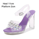 2023 Summer New Sandals Women Fashion Rhinestones Square Heel Transparent Women Shoes High Heels11cm Female Party