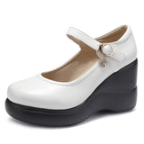 Breakj And Autumn Women's Shoes Thick Bottom Slope And Shallow Single Shoes High Heels Ladies Leather Shoes Magic Stick Round Head Loose Cake Middle-Naught Mother