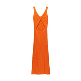 Chic Front Hollow Out Orange Midi Dress Women 2021 Fashion V-Neck Side Split Strap Dress Female Elegant