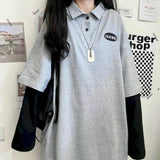 T Shirt Women Tshirt New Long-sleeved T-shirt Students Korean Loose Fake Two-piece Letter Embroidery Polo Collar Top