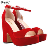 Summer Ankle Strap Sandal 12cm Women Pumps Sexy Peep Toe Square High Heels Woman Shoes Flock Platform Wedding