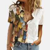 Women Elegant Office Simple Turn-down Collar Cartoon Print Casual Shirt Fashion Summer Short Sleeves Button Cardigan