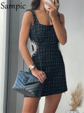 Sexy Black Tweed Dress For Women 2022 New Year Pearl Strap Sleeveless Hollow Out Mini Bodycon Tank Dress Party Night