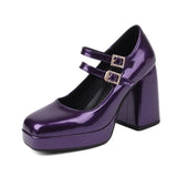 Breakj Jane Shoes Square Head Buckle Thick Heel Large Size High Heel Women's Shoes